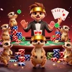 Experience thrilling slots in a lively meerkat casino scene with colorful poker elements.
