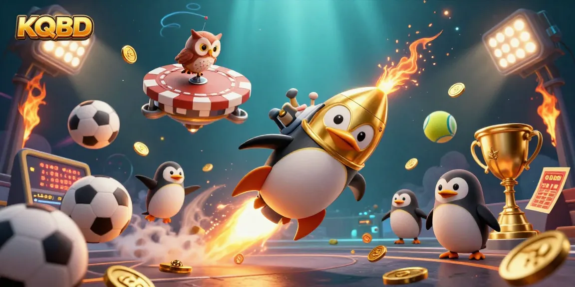 KQBD showcases a golden penguin in a thrilling space race to a casino station, enhanced by sports elements.