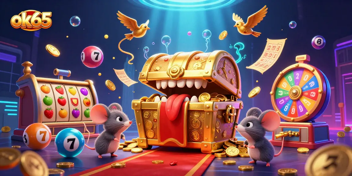 Experience winning thrill with ok65 in a vibrant casino-themed illustration filled with slot reels and treasures.