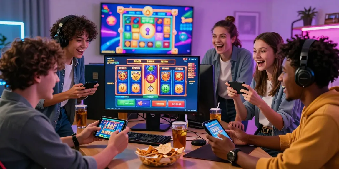 Situs slot deposit 10 ribu gaming scene with friends playing thrilling slot games on vibrant screens, showcasing excitement and engagement.