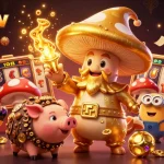 Xoilac TV presents a colorful casino scene with golden mushroom wizard, truffle pig, and lively slot games.
