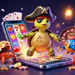 The characters in the illustration invite players to learn more about engaging with online casino games featuring vibrant slot reels and treasure.