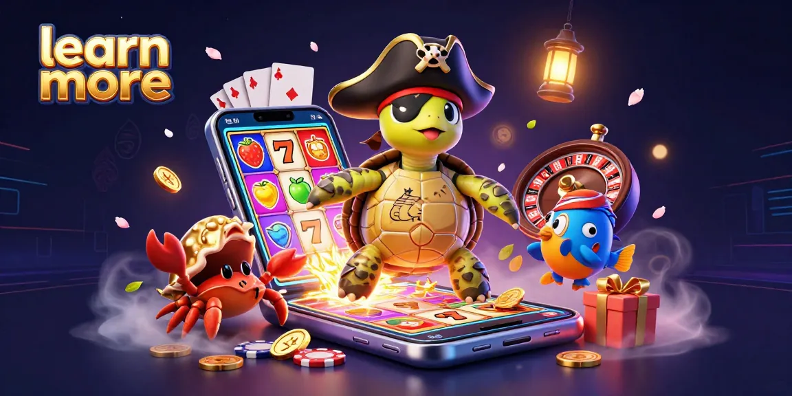 The characters in the illustration invite players to learn more about engaging with online casino games featuring vibrant slot reels and treasure.