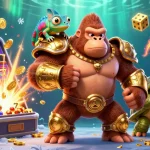 Hitclubnews highlights a dynamic gambling scene with a gorilla king and jackpot elements, showcasing casino excitement.