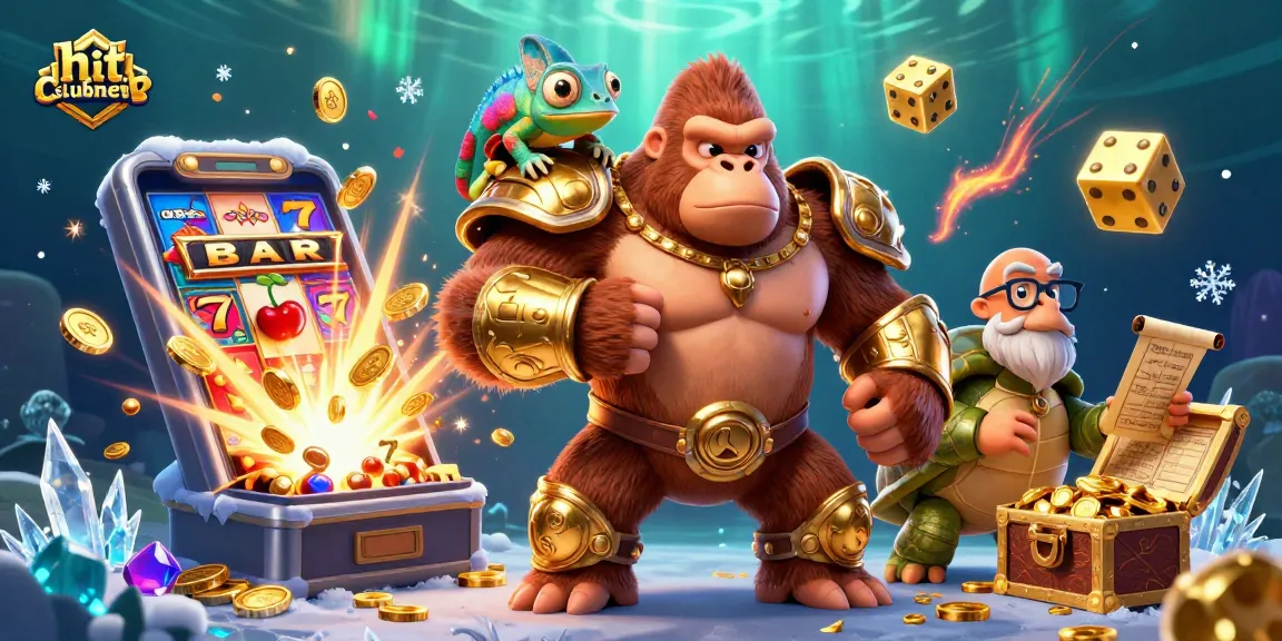 Hitclubnews highlights a dynamic gambling scene with a gorilla king and jackpot elements, showcasing casino excitement.