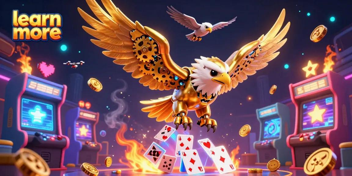 Enhance your gaming tactics and learn more with a stunning illustration of a golden eagle diving through holographic casino cards.