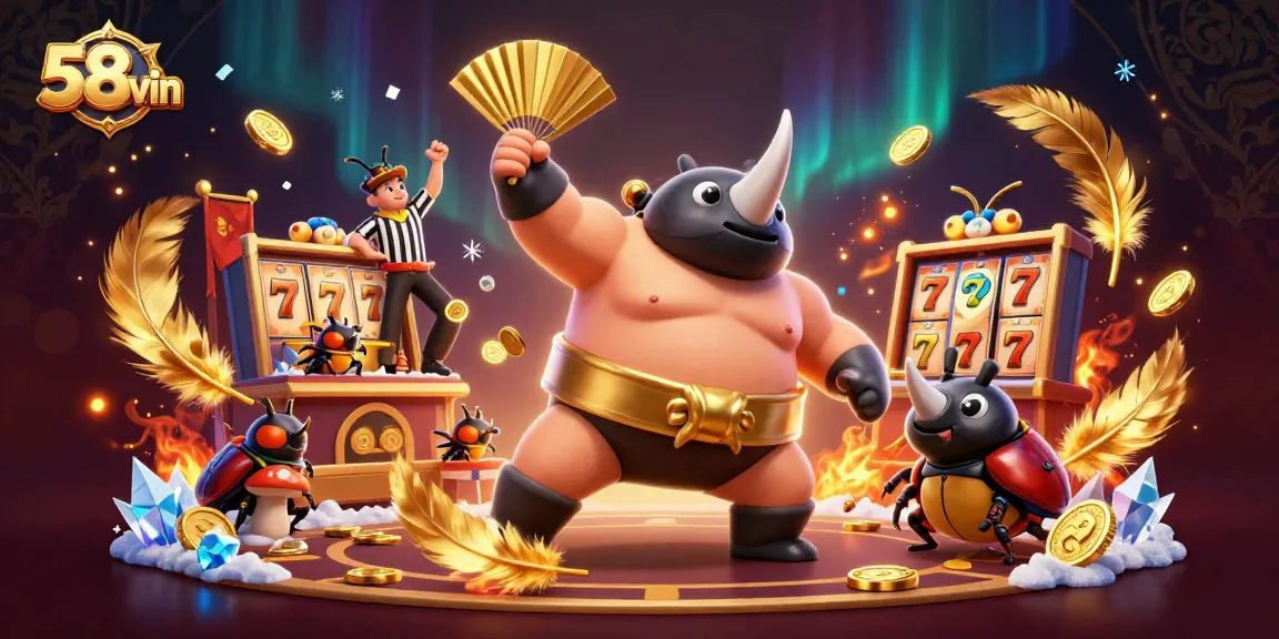 Experience thrilling wins with 58vin in this dynamic casino scene featuring animated characters.