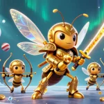 Dhani win illustrated scene with a golden hornet in samurai armor and bee archers amidst sports betting elements.