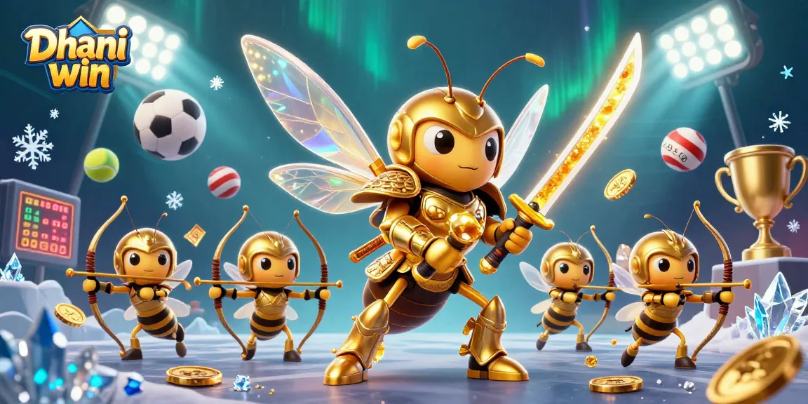 Dhani win illustrated scene with a golden hornet in samurai armor and bee archers amidst sports betting elements.