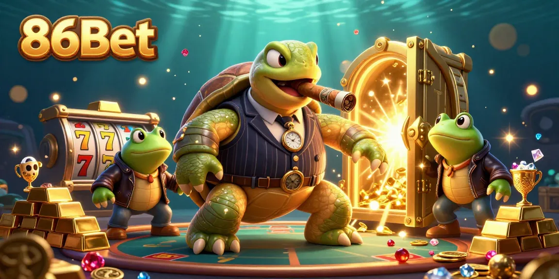 Experience the thrilling world of 86Bet with lively cartoon characters in a lavish casino scene packed with excitement.