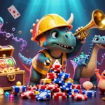 Engage with 58win’s thrilling casino action featuring a triceratops celebrating as it builds a tower of poker chips.
