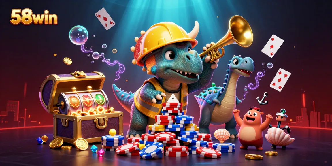 Engage with 58win’s thrilling casino action featuring a triceratops celebrating as it builds a tower of poker chips.