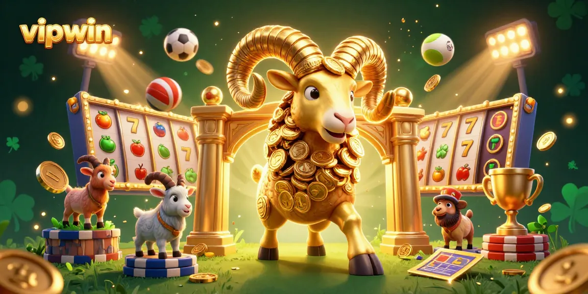 Unleash excitement with vipwin in this vibrant 3D casino scene featuring a golden ram and slot machines.