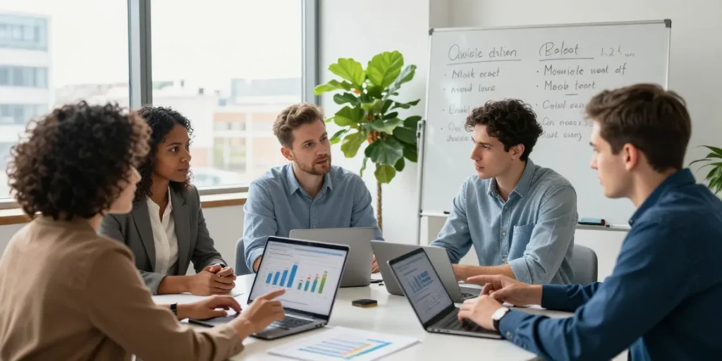 Team discussing business SIM only deals UK in a modern office environment