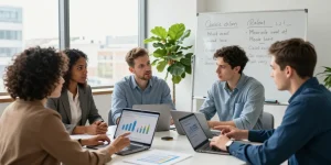 Team discussing business SIM only deals UK in a modern office environment