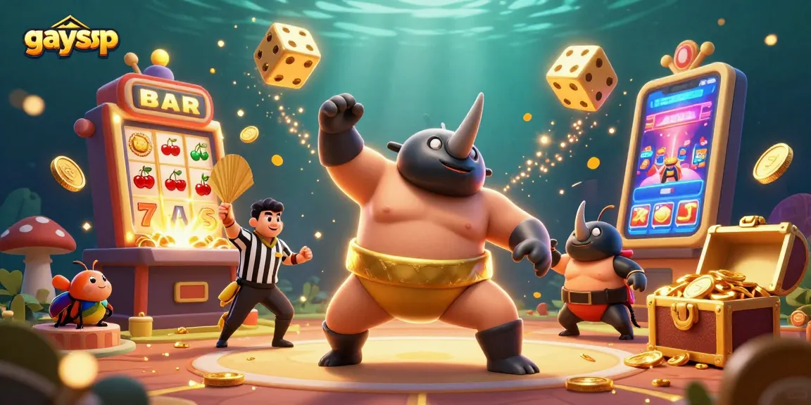 Engage in thrilling gameplay at gaysvp as a vibrant sumo beetle champion celebrates a jackpot.