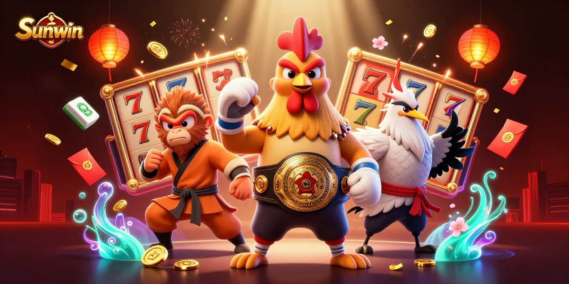 Win big with Sunwin's vibrant 3D casino scene featuring a Muay Thai rooster and playful characters.
