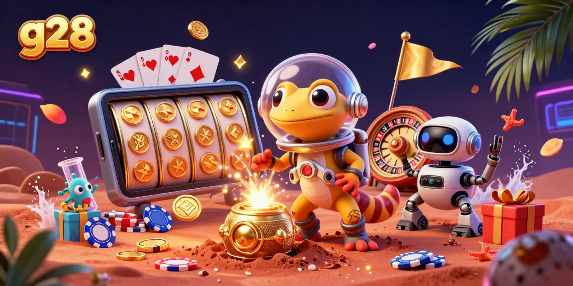 Experience the g28 slot adventure with a Martian gecko and colorful gaming elements.