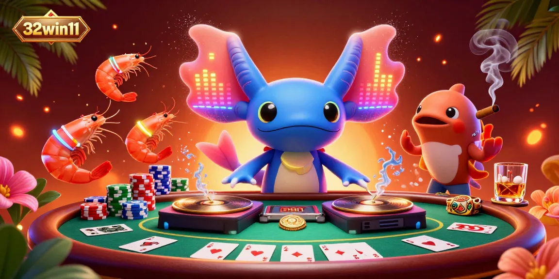 Experience thrilling gaming action with 32win11 as cartoon characters dance around a vibrant poker table.