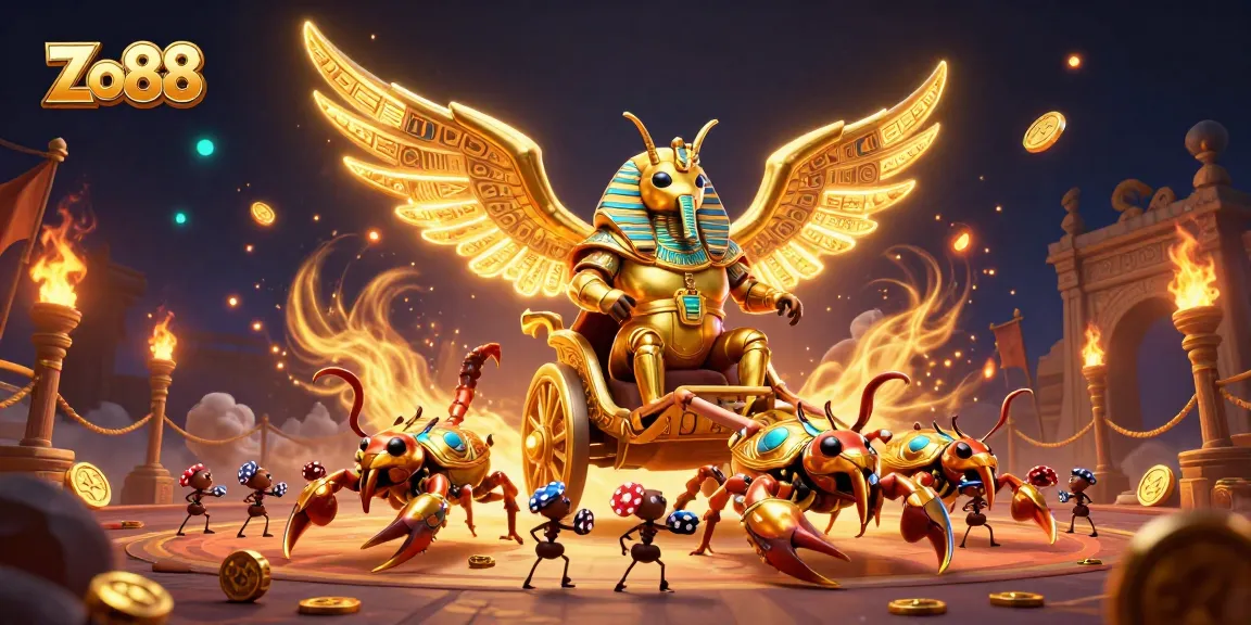 Experience thrilling gameplay with Zo88, featuring a colossal golden scarab in a spectacular casino arena.