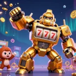 Experience the thrill of m98 gaming with a golden gorilla mech and vibrant arcade elements.