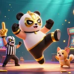 Nohuwin's vibrant casino scene features a panda wrestler in action, engaging players with electrifying slots.