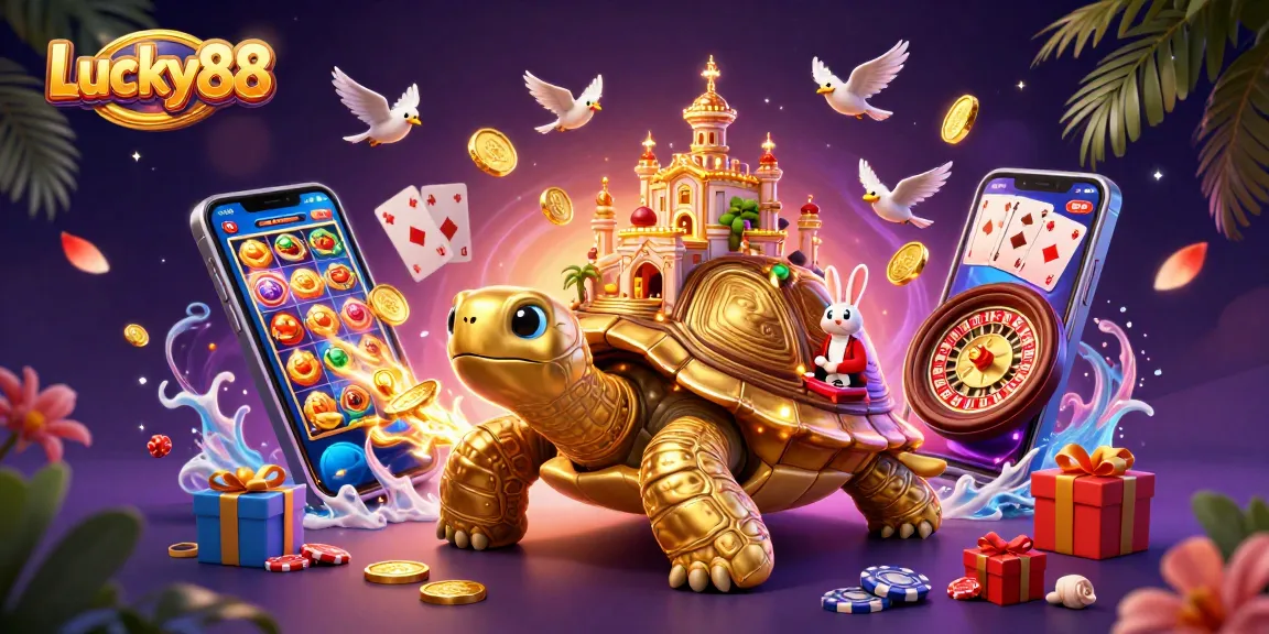 Win with Lucky88: Enjoy vibrant 3D casino action featuring a golden tortoise and rabbit dealer.