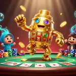 Spin the reels at cổng game sunwin with a golden golem amidst rich poker elements and a dazzling casino scene