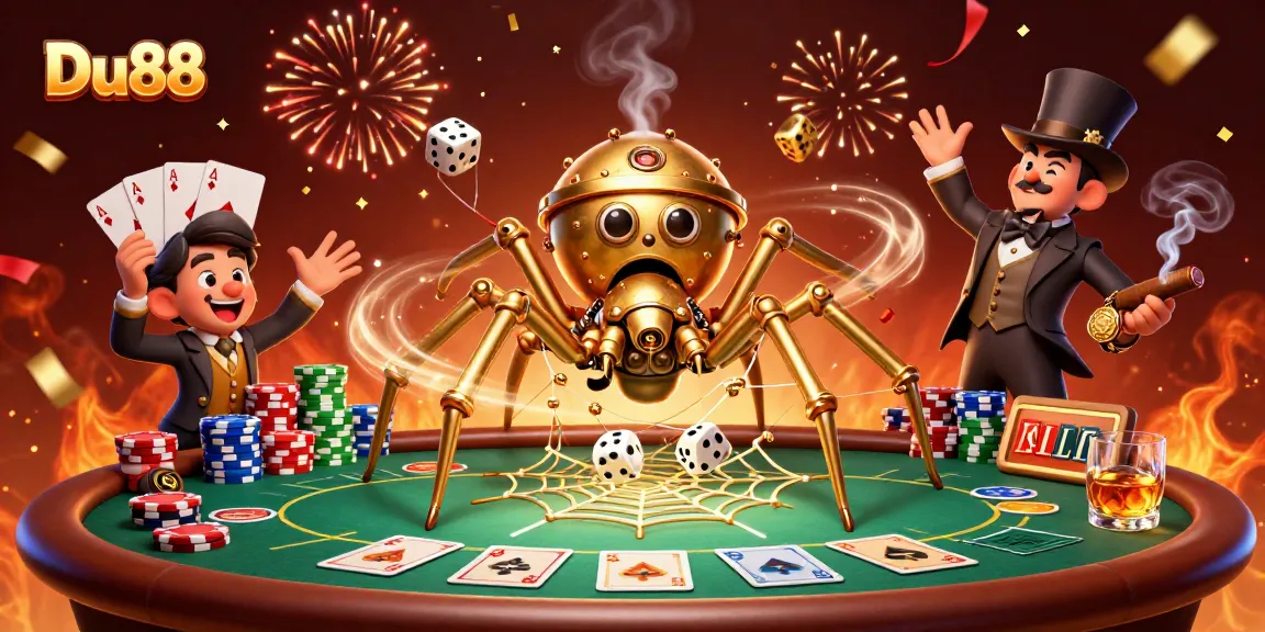 Engage with Du88's vibrant poker atmosphere featuring a golden spider and a playful fly gentleman.