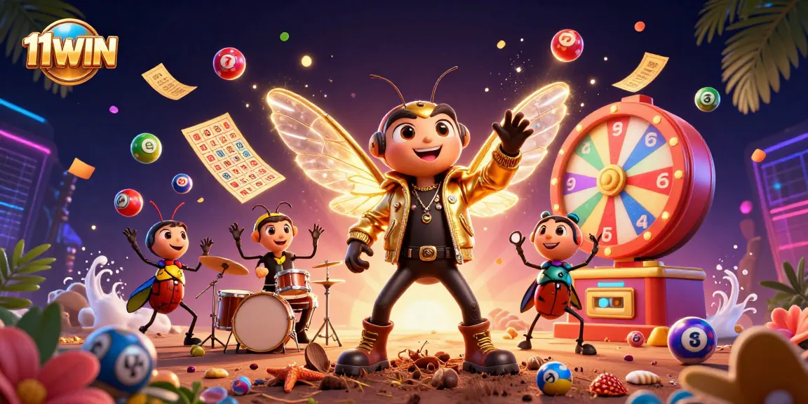Experience the excitement of 11WIN with a vibrant lottery scene featuring animated characters and dynamic game elements.