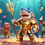 Experience an exciting online casino adventure with a golden shark and gameplay elements