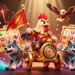 Engage with 8xbet's thrilling world of slots showcasing a rooster warlord on a golden chariot amidst vibrant game elements.