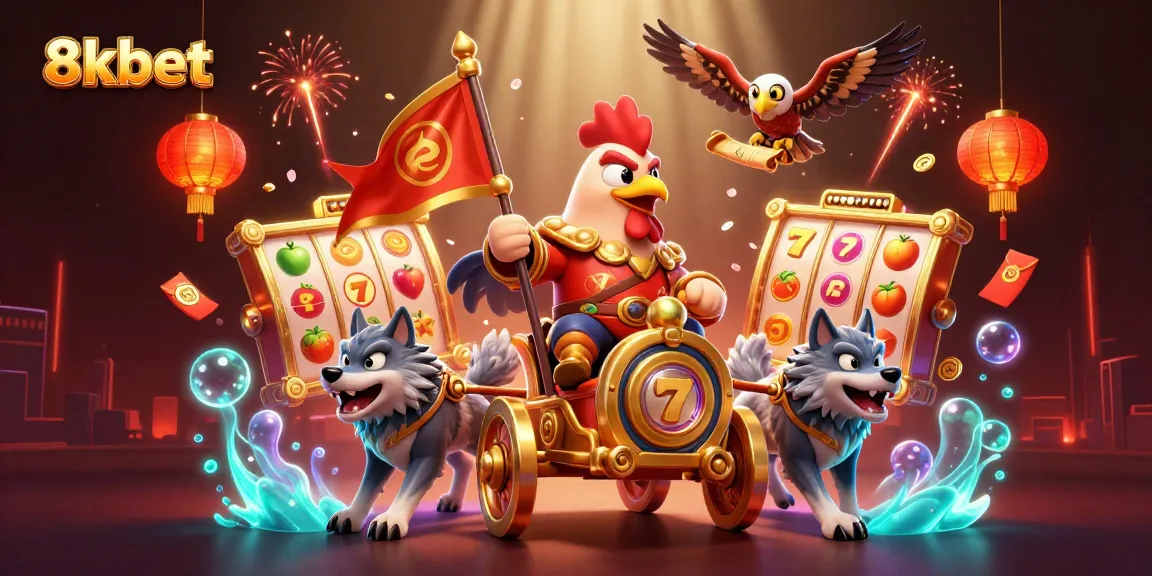 Engage with 8xbet's thrilling world of slots showcasing a rooster warlord on a golden chariot amidst vibrant game elements.