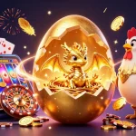 This vibrant kqbd illustration showcases a baby dragon on poker chips while depicting thrilling gambling elements.