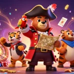 Experience sun win with pirate-themed illustrations featuring a bear captain, a tiger, and treasure elements.