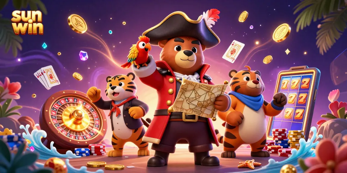 Experience sun win with pirate-themed illustrations featuring a bear captain, a tiger, and treasure elements.