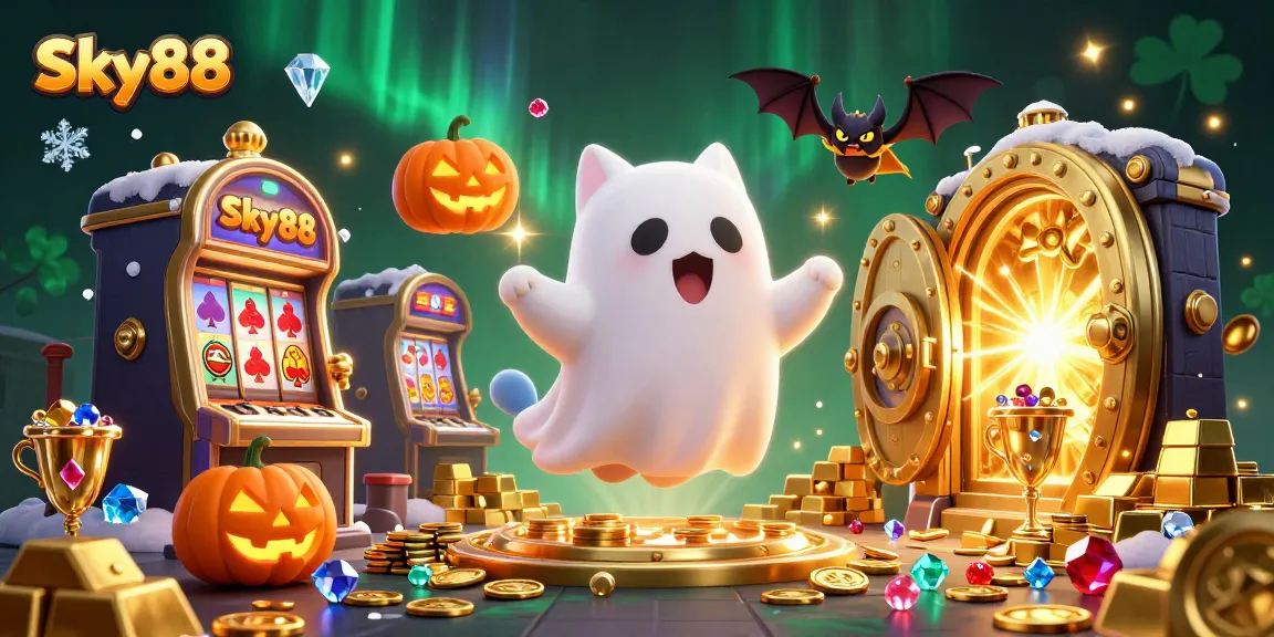 Engage with Sky88's ghostly charm while discovering captivating casino adventures amidst dazzling treasures.