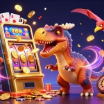 Engage with uu88 bet as a pachycephalosaurus hits a slot machine, winning golden coins.