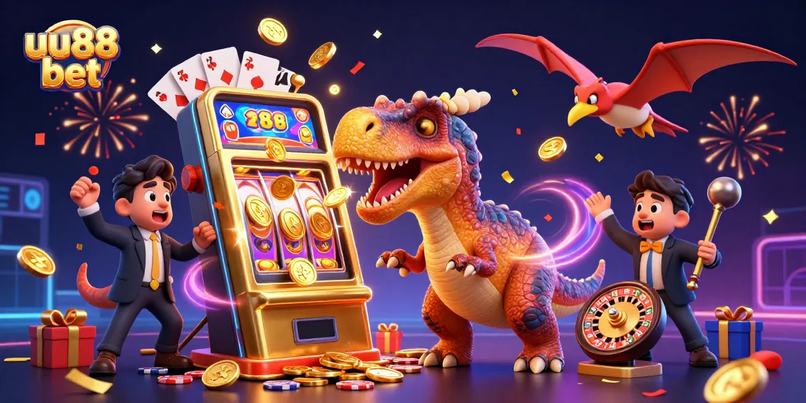 Engage with uu88 bet as a pachycephalosaurus hits a slot machine, winning golden coins.