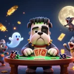 TR88 cartoon monster dealer creating thrilling casino atmosphere with ghost mouse and werewolf kitten.