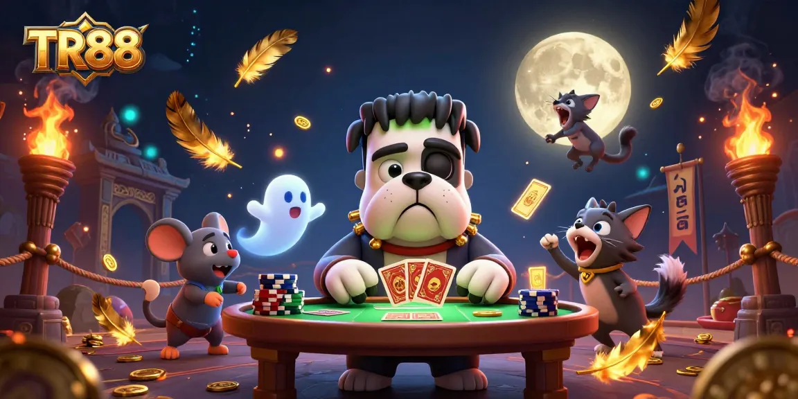 TR88 cartoon monster dealer creating thrilling casino atmosphere with ghost mouse and werewolf kitten.