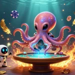 Sao 789 alien octopus deals poker at a holographic table while dynamic cosmic elements swirl around, showcasing a vibrant casino scene.