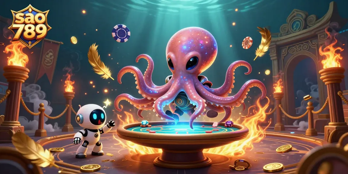 Sao 789 alien octopus deals poker at a holographic table while dynamic cosmic elements swirl around, showcasing a vibrant casino scene.