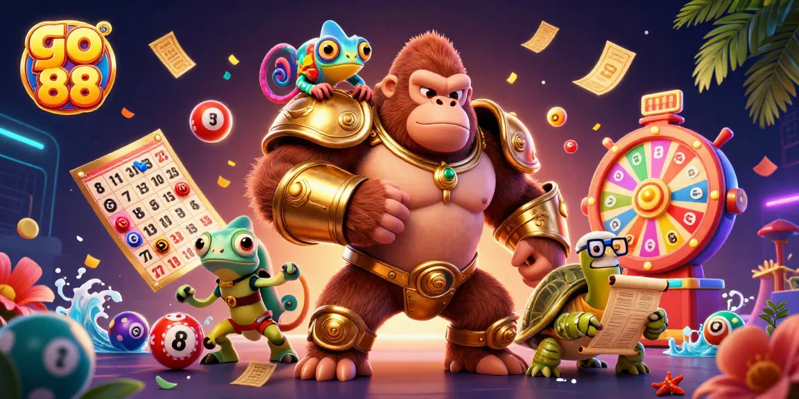 Experience go 88 excitement with the mighty gorilla king, vibrant gaming elements, and thrilling lottery vibes!