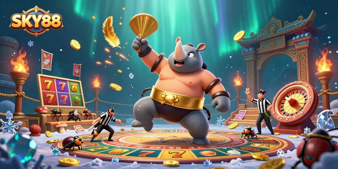 SKY88 showcases an energetic games scene with beetle characters amidst golden coins and slots.
