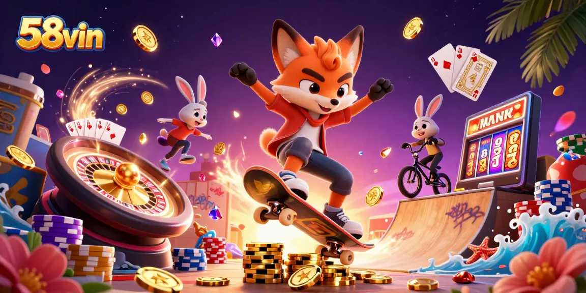 Experience the thrill of 58vin with vibrant casino action and animated characters in a dynamic scene.