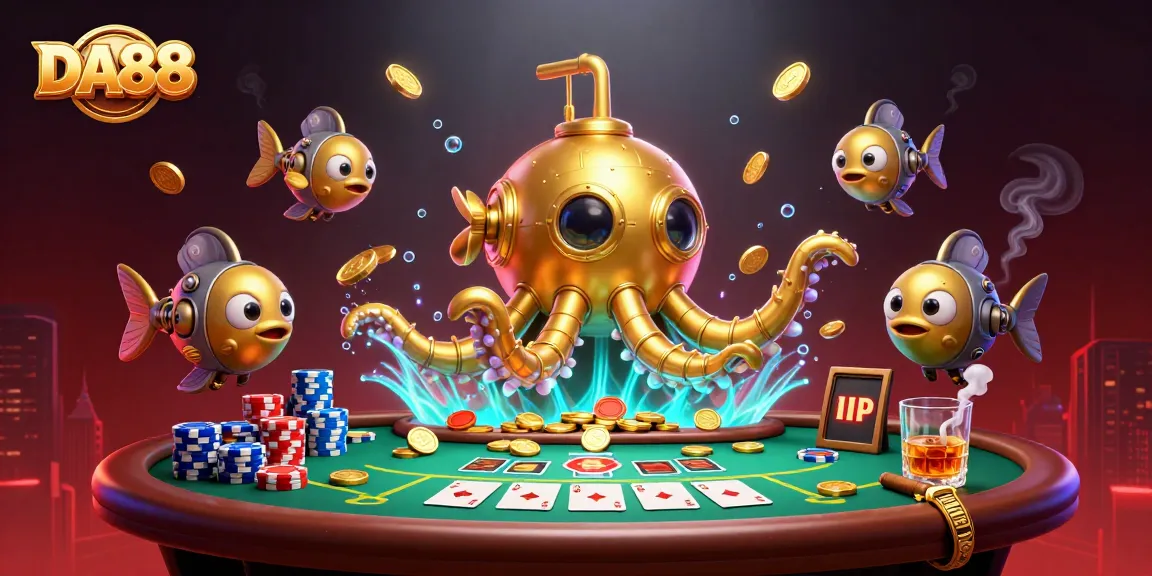 DA88 reveals a thrilling underwater casino scene with a kraken submarine amidst gold coins and poker elements.