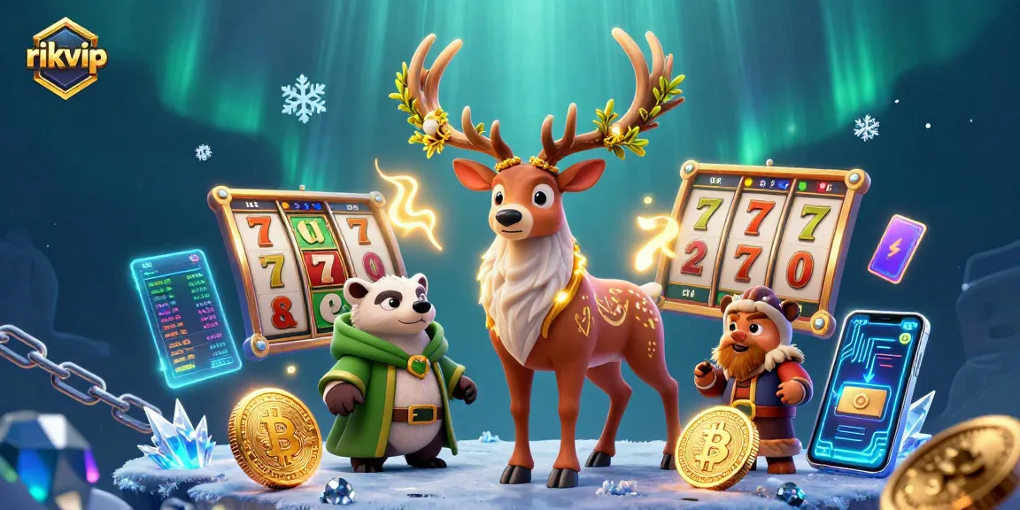 Experience the thrill of slots at rikvip with a dynamic illustration showcasing engaging characters and cryptocurrency elements.