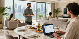 Dubai holiday home management showcased in a luxurious property with attentive hosts and vibrant decor.
