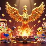 da88 showcases an exciting slots scene with a molten phoenix in a vibrant casino environment